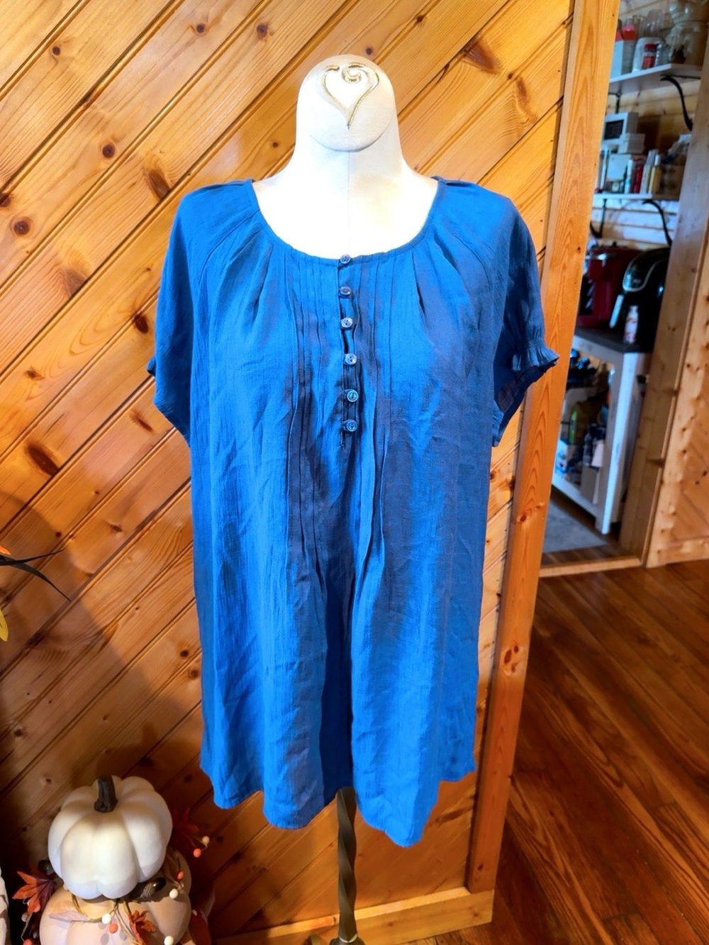 Blue Mountain Blue Pintuck Button Tunic Blouse Size Large